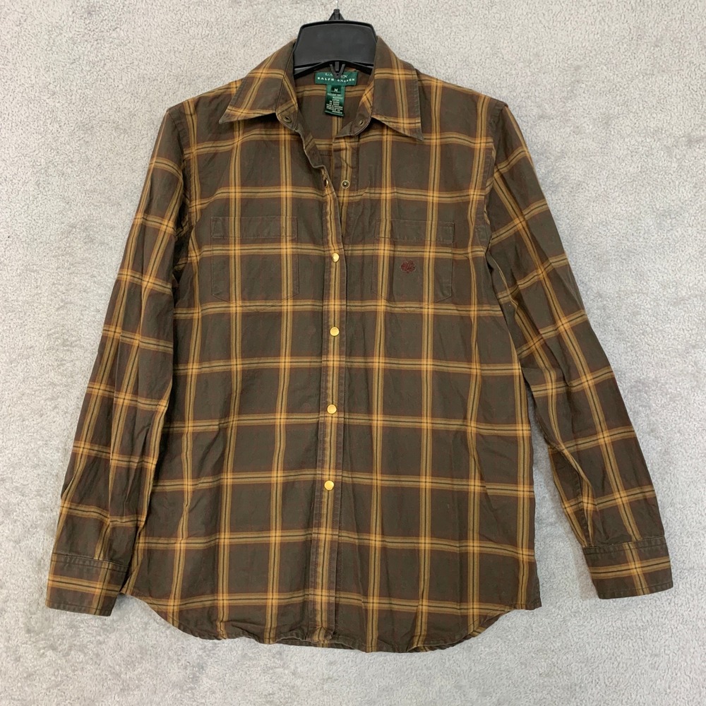 Lauren Ralph Lauren Women's M Brown Plaid Button Down Shirt Cotton